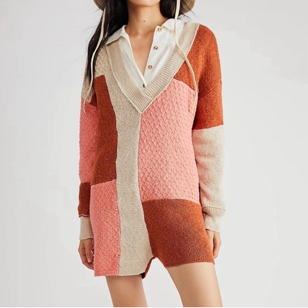 Free People Colorblock Knit Romper - Pink, Cream, and Brown